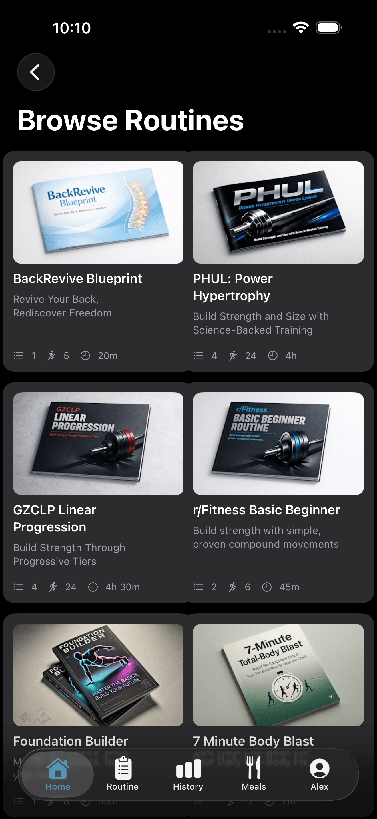 Browse Routines screen in Ellim showing BackRevive Blueprint, PHUL, GZCLP and a beginner routine