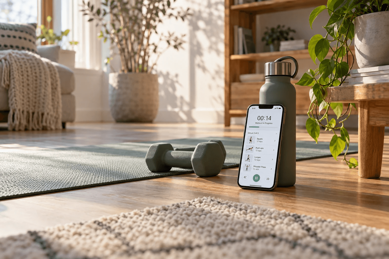 Home workout setup with a mat, dumbbells and an iPhone showing a workout timer