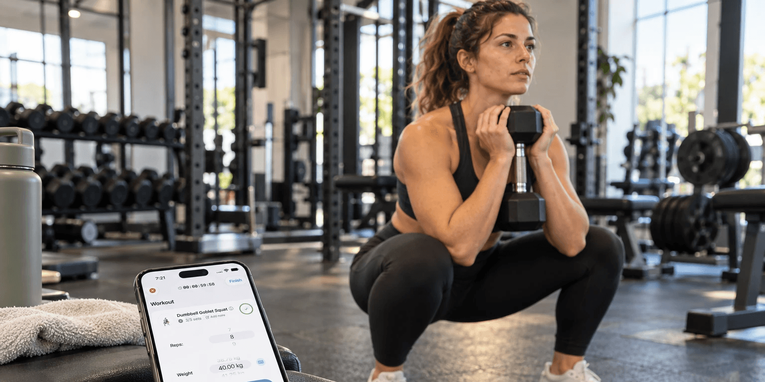 Woman doing a dumbbell goblet squat in the gym with her sets logged on an iPhone