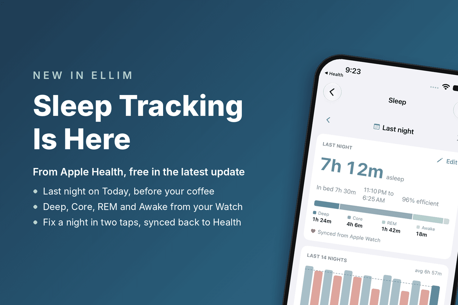 iPhone showing Ellim's new Sleep screen with last night's duration, bedtime-to-wake window and Deep, Core, REM and Awake stage bar from Apple Watch, on a deep blue night gradient