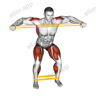 Resistance Band Squatting Front Warming-up exercise targeting Back and Hips